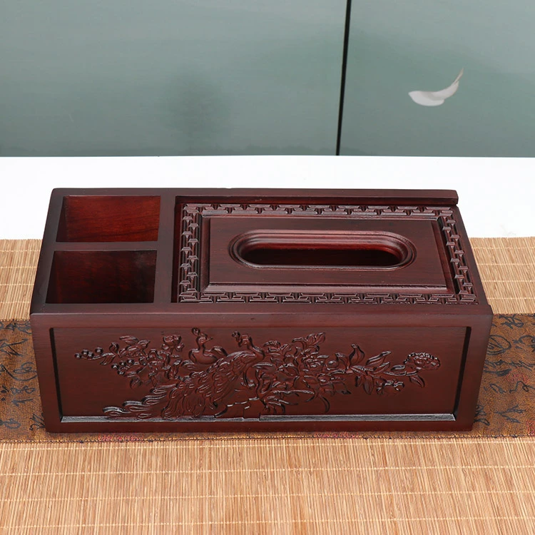 深色回纹双面雕刻如意双面纸巾盒实木纸巾盒