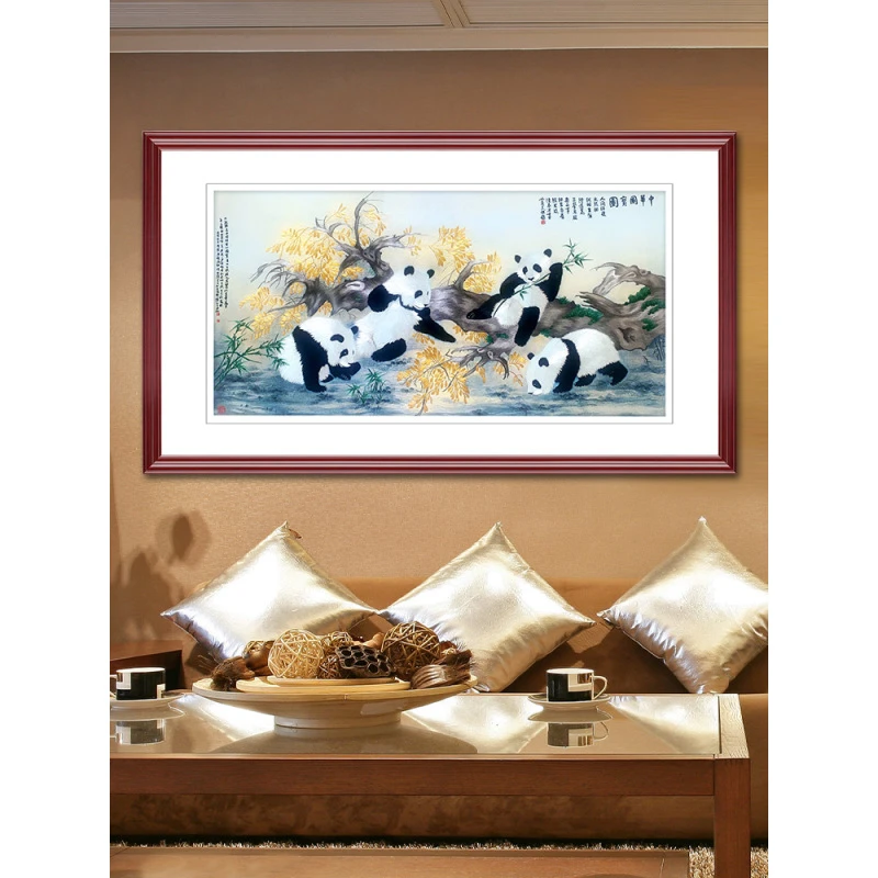 金吴针纯手工刺绣画苏绣成品挂画客厅玄关中式挂画装饰画熊猫国宝
