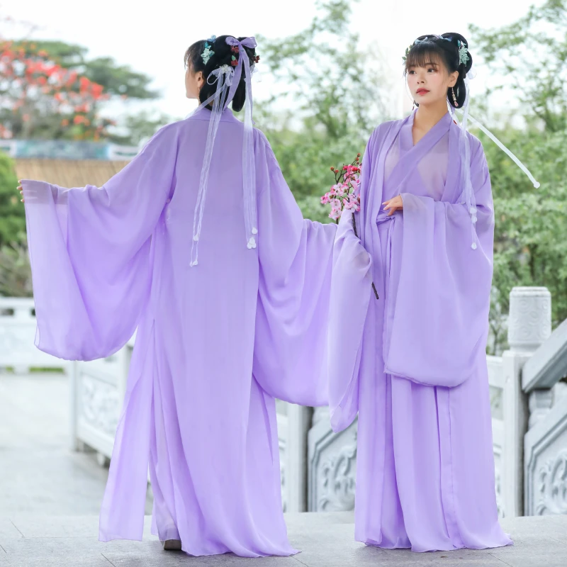 汉服女夏紫色超仙气飘逸中国风古风舞蹈演出服装交领齐腰长裙全套