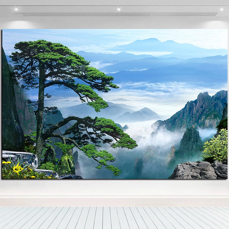 迎客松客厅风水名画中式国画有山无水装饰壁画办公室风景靠山挂画