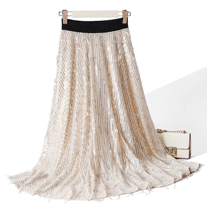 重工精致闪闪亮片流苏半身裙新款高腰显瘦a摆中长款气质裙子女夏