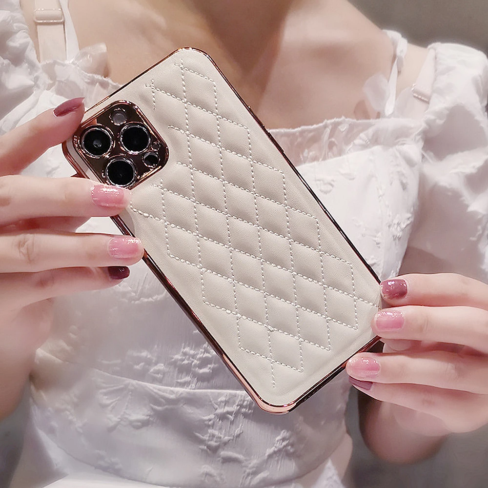 适用苹果14新款轻奢皮质菱格小香风手机壳软套iPhone13全包防摔XR