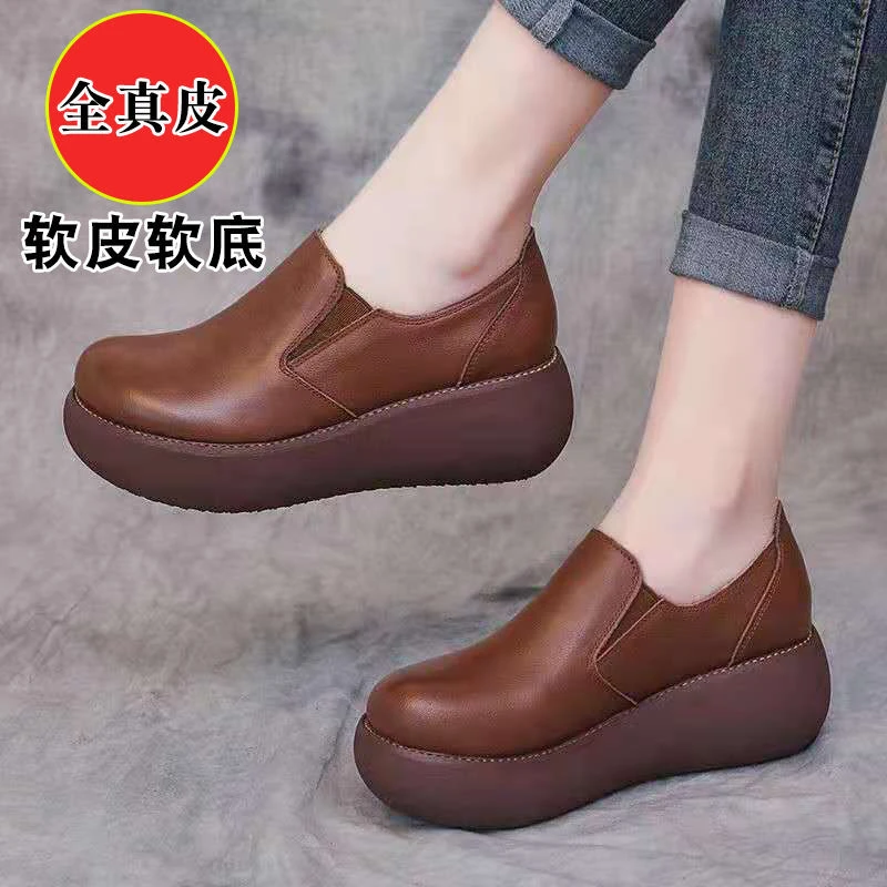真皮软皮松糕鞋女休闲单鞋春秋季新款百搭坡跟复古厚底皮鞋
