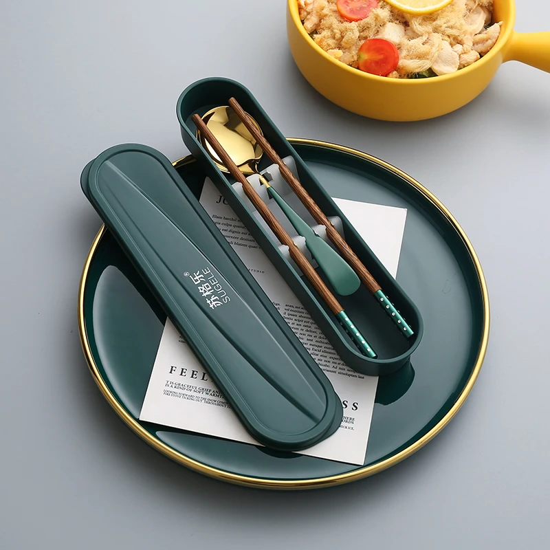 304不锈钢勺子木筷子学生外带收纳餐具盒便携筷子勺子套装上班族