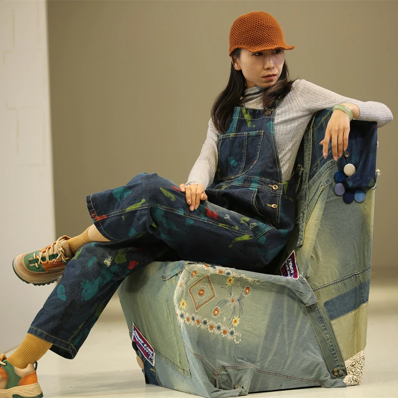 念北穿搭春夏新款水洗牛仔背带裤水彩大码休闲大裆背带裤B