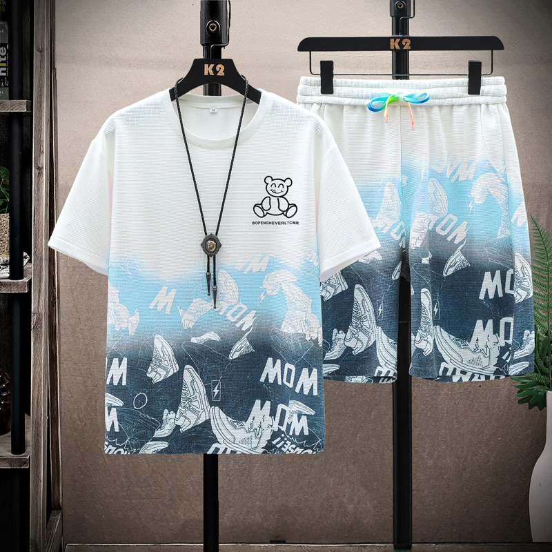 夏季新款华夫格渐变青少年学生套装男时尚百搭潮流T恤短裤一整套