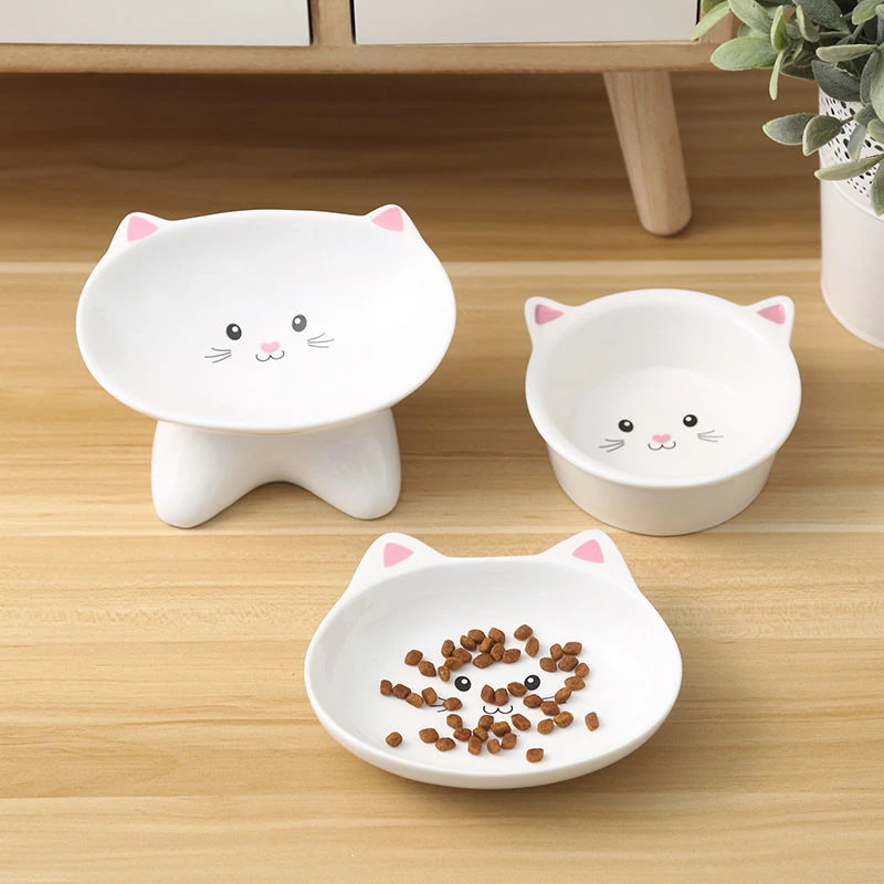 可爱宠物猫咪碗陶瓷大口径斜口碗护颈椎防打翻高脚碗狗狗饭盆用品