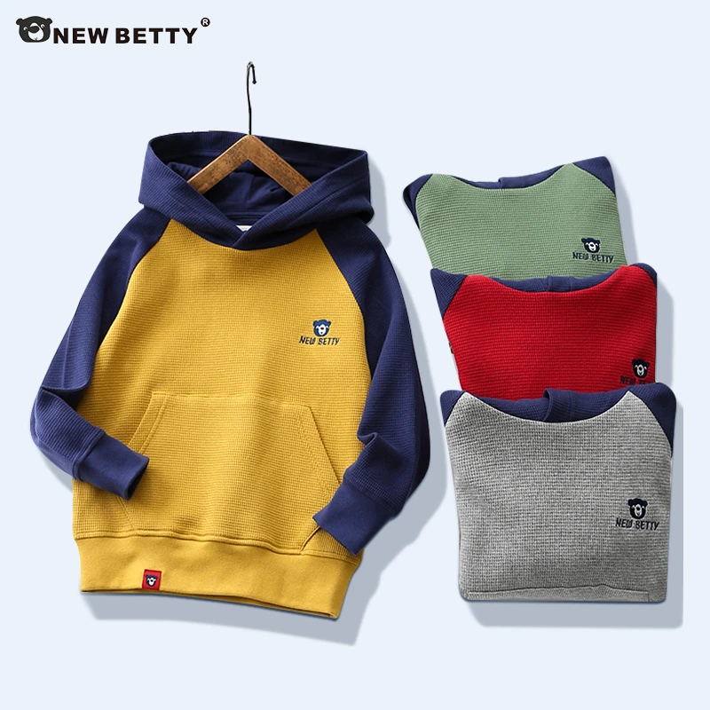 NEW BETTY男童卫衣纯棉华夫格儿童连帽衫大童套头上衣休闲宝宝079