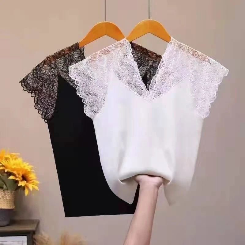 夏季新款显瘦气质蕾丝拼接修身针织衫女打底衫背心短袖t恤上衣