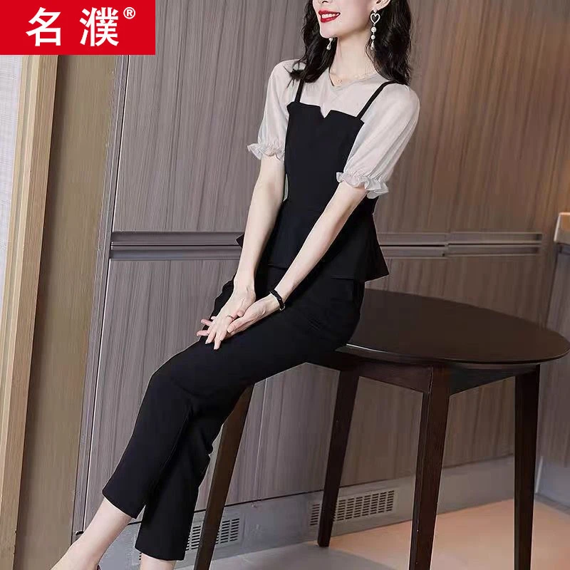 夏季时髦女轻熟赫本风名媛洋气显瘦时尚职业雪纺衫裤子两件套装潮