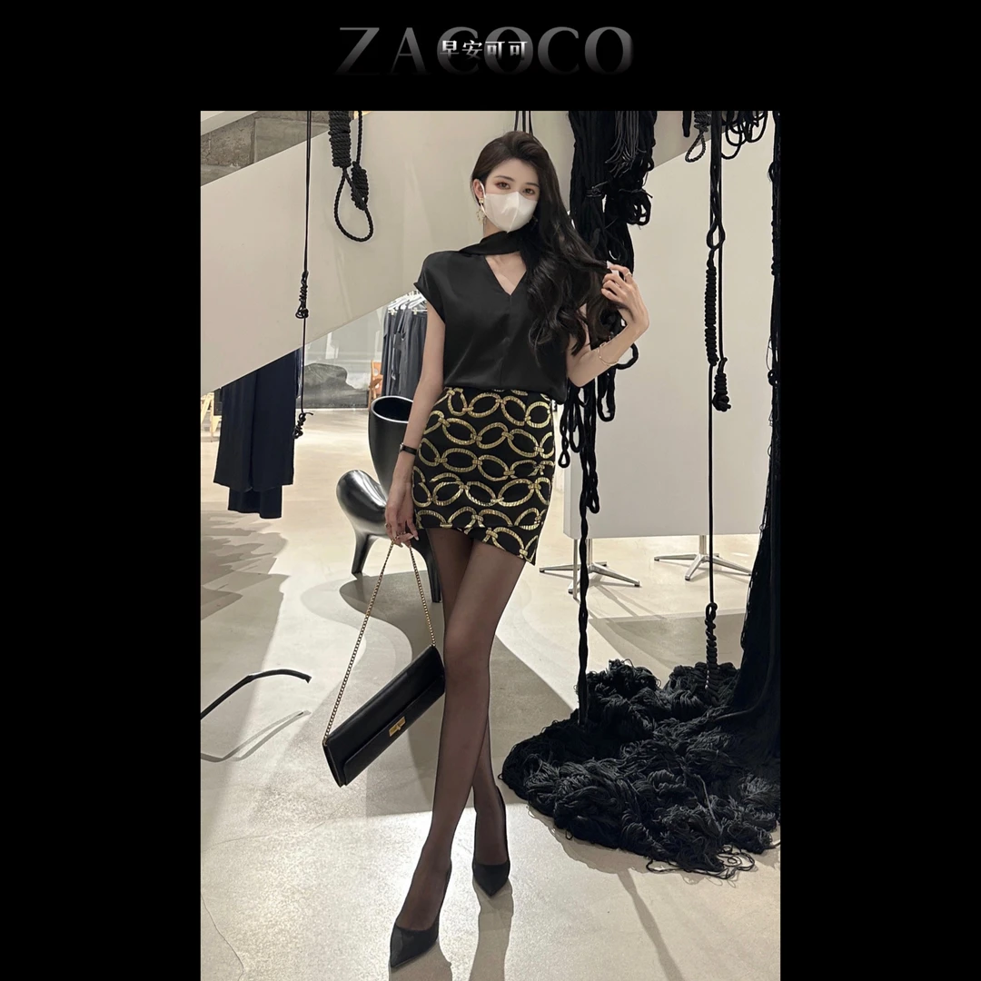 【ZACOCO】御姐风法式气质V领复古飘带上衣989黑色印花