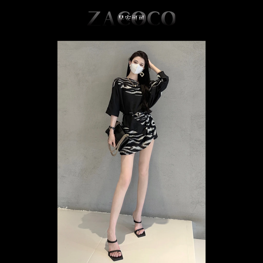 【ZACOCO】御姐风夏季气质时尚拼接条纹连衣裙893