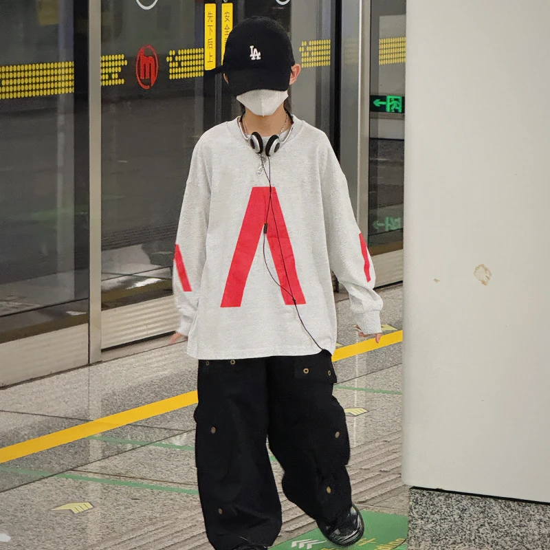 男童t恤长袖2024新款男孩内搭字母体恤儿童秋装男孩打底衫春秋款