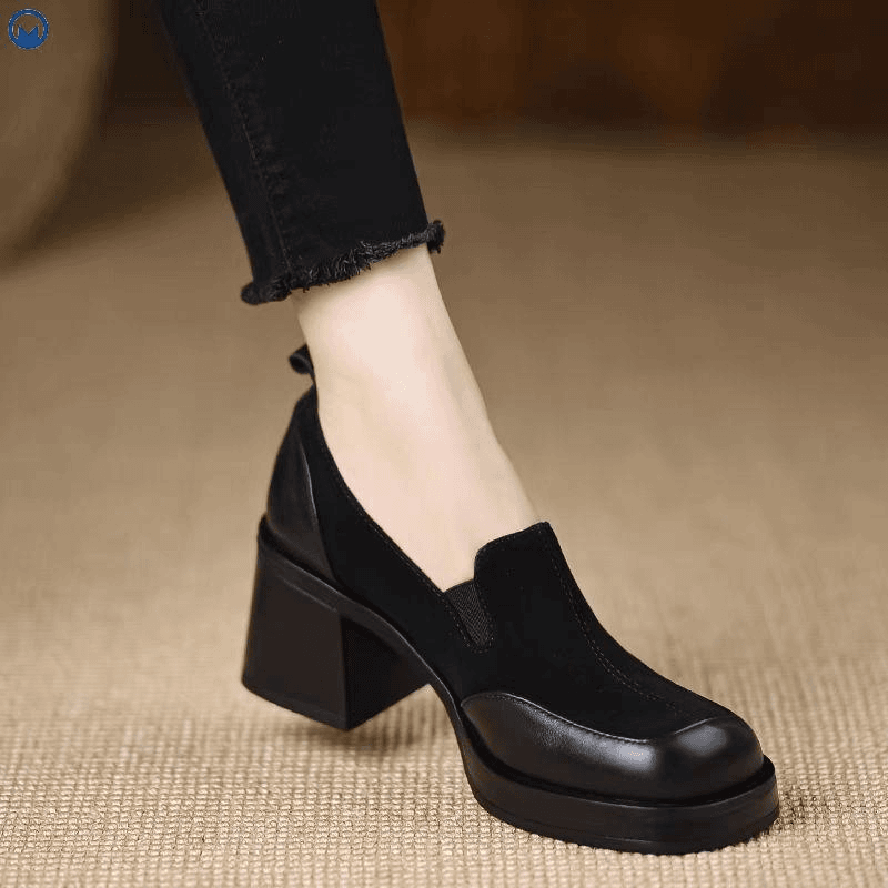 黑色增高厚底小皮鞋女粗跟乐福鞋新款春秋深口松紧高跟懒人鞋女鞋