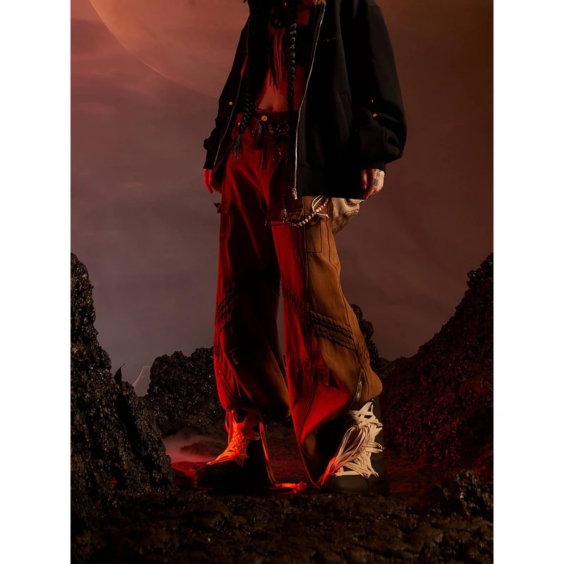 无人孤岛 原创重工做旧洗水撞色立体拼接牛仔裤宽松直筒QC