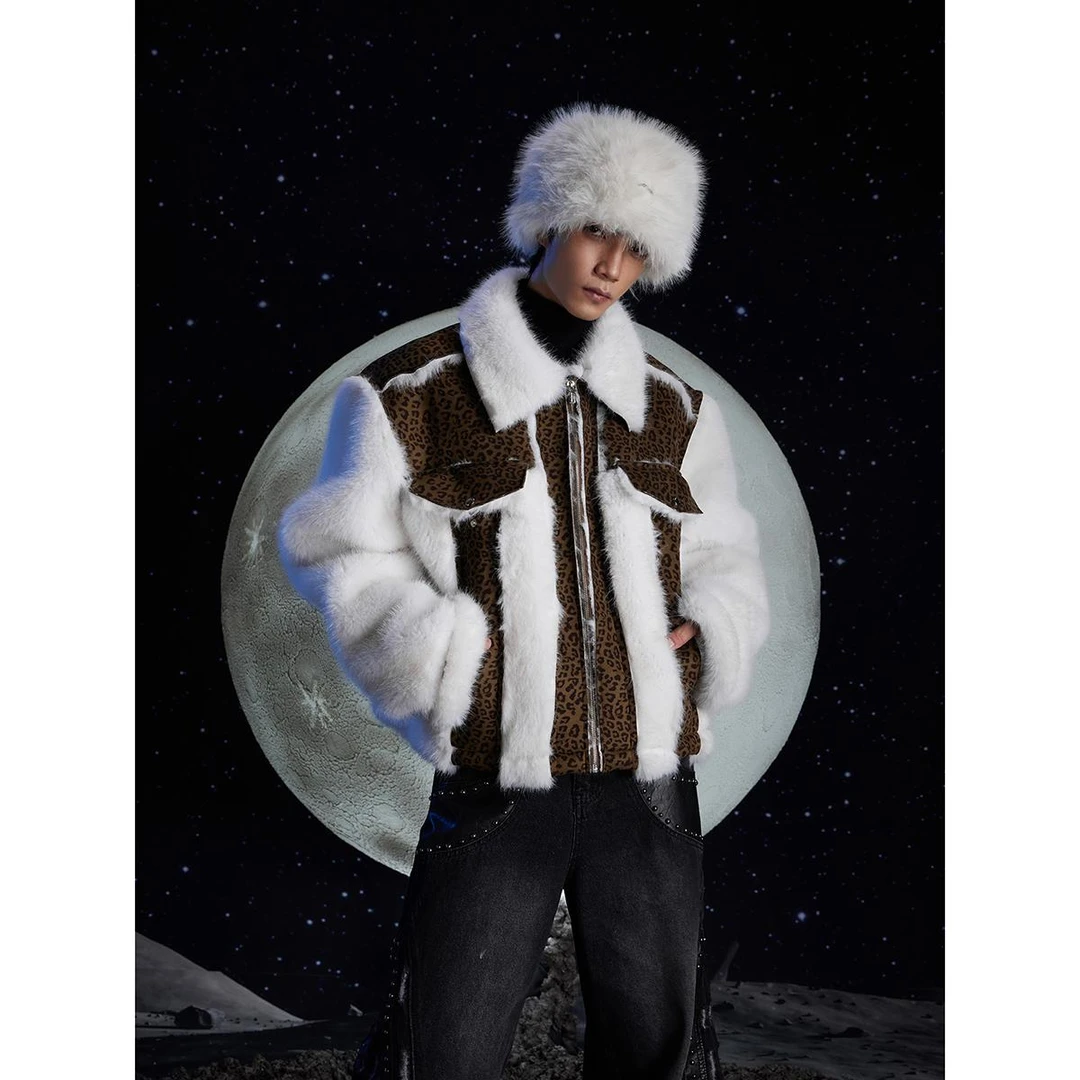 无人孤岛 原创小众高奢豹纹拼接摇粒绒外套拉链翻领皮毛棉衣QC