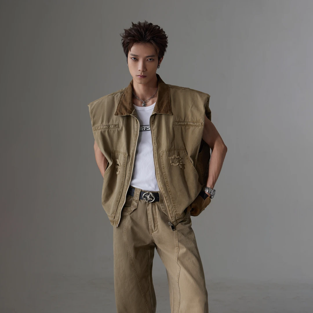 无人孤岛美拉德做旧磨破拉链翻领无袖坎肩牛仔马甲背心牛仔裤套装