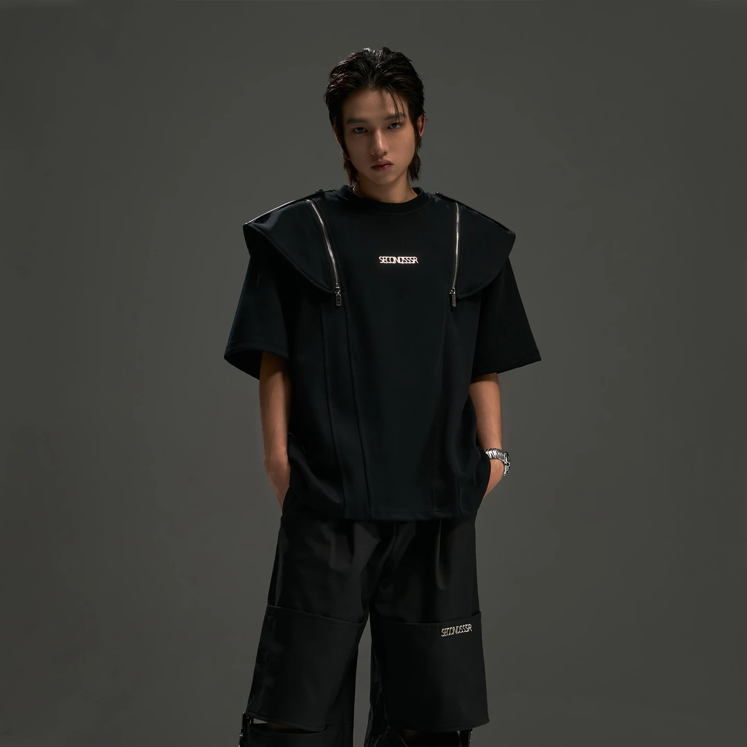 无人孤岛 小众个性立体结构裁片设计短袖纯棉T恤垫肩裁片可拆半袖