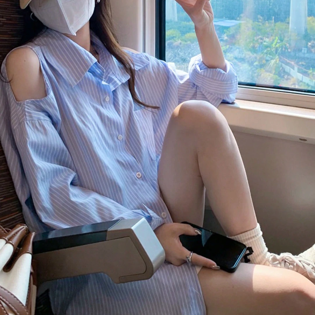 20204新款衬衫衬衣春秋蓝色长袖条纹设计感薄款