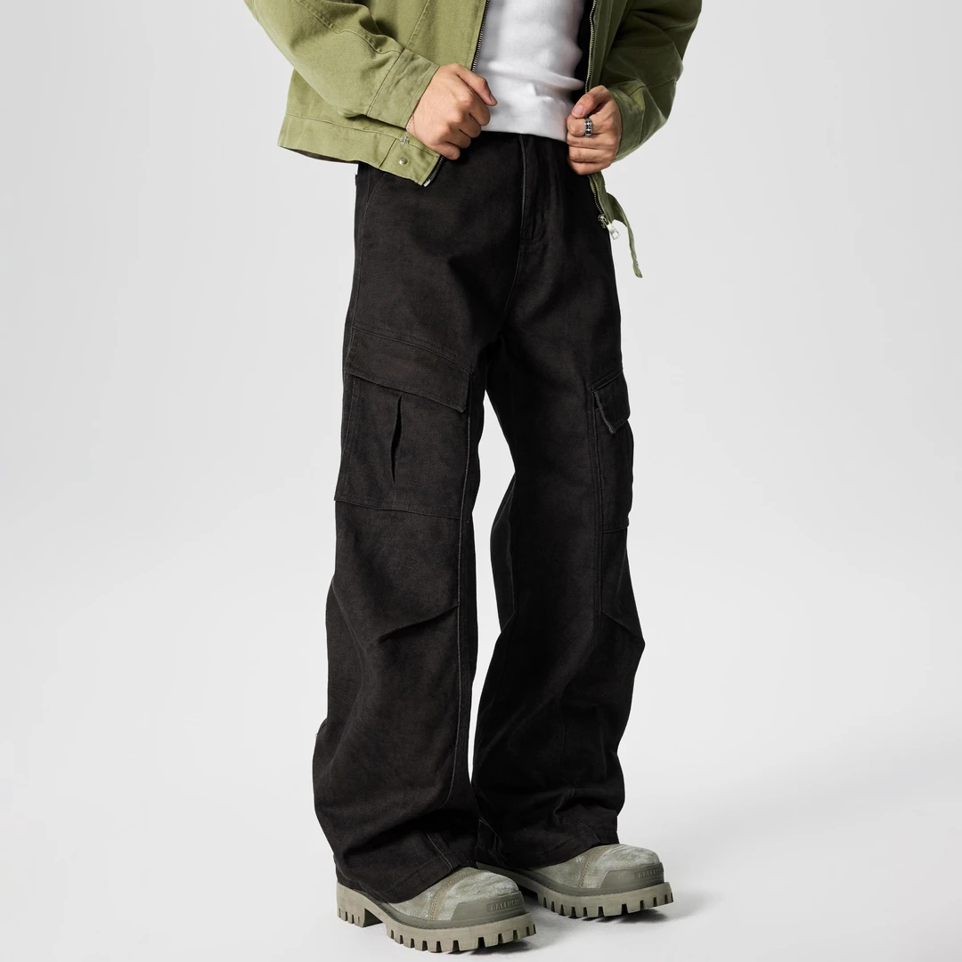 GTRG日系做旧大理石纹理休闲长裤极简多口袋混搭工装风A字牛仔裤