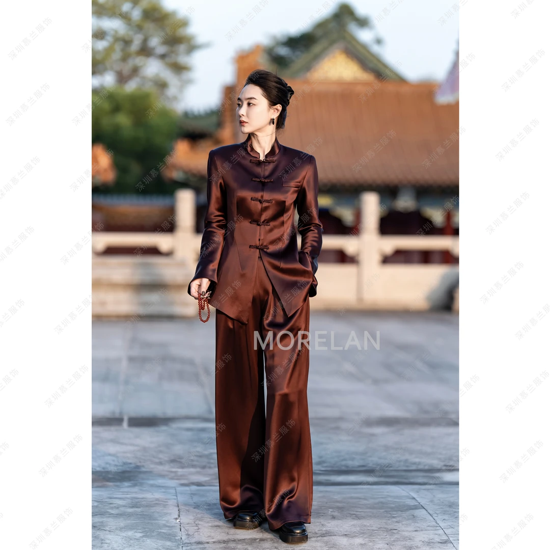 【瑶瑶玉兔】慕兰原创新中式盘口缎面衬衫+直筒裤两件套ML-91030