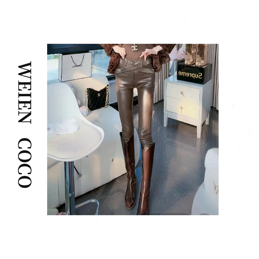 【薇恩COCO】带钻皮长裤时尚休闲修身轻奢高腰小脚裤百搭K2397