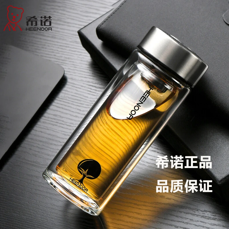 希诺双层玻璃杯带盖过滤办公室泡茶杯礼盒男士商务耐热玻璃水杯子