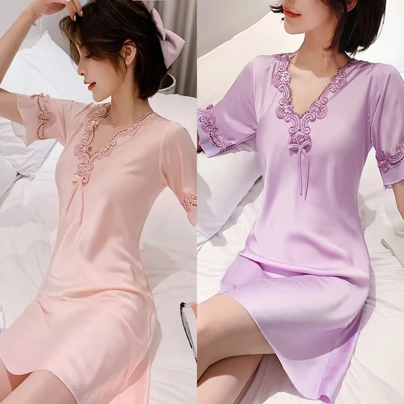 时尚睡裙女夏冰丝家居服连衣裙薄款短袖大码睡衣女夏天睡裙901