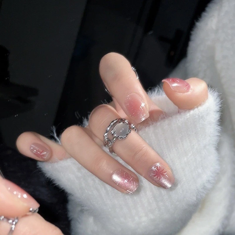 实拍日落烟花猫眼穿戴美甲追光贴片显白日常新年中短新疆包邮裸色