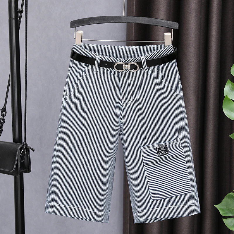 2025新款高腰条纹牛仔短裤女五分裤夏天薄款显瘦宽松中裤阔腿直筒