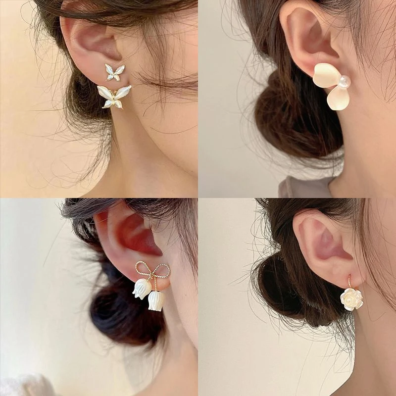 精致白色滴釉蝴蝶耳环女气质名媛高级感耳钉两戴2023年新款潮耳饰