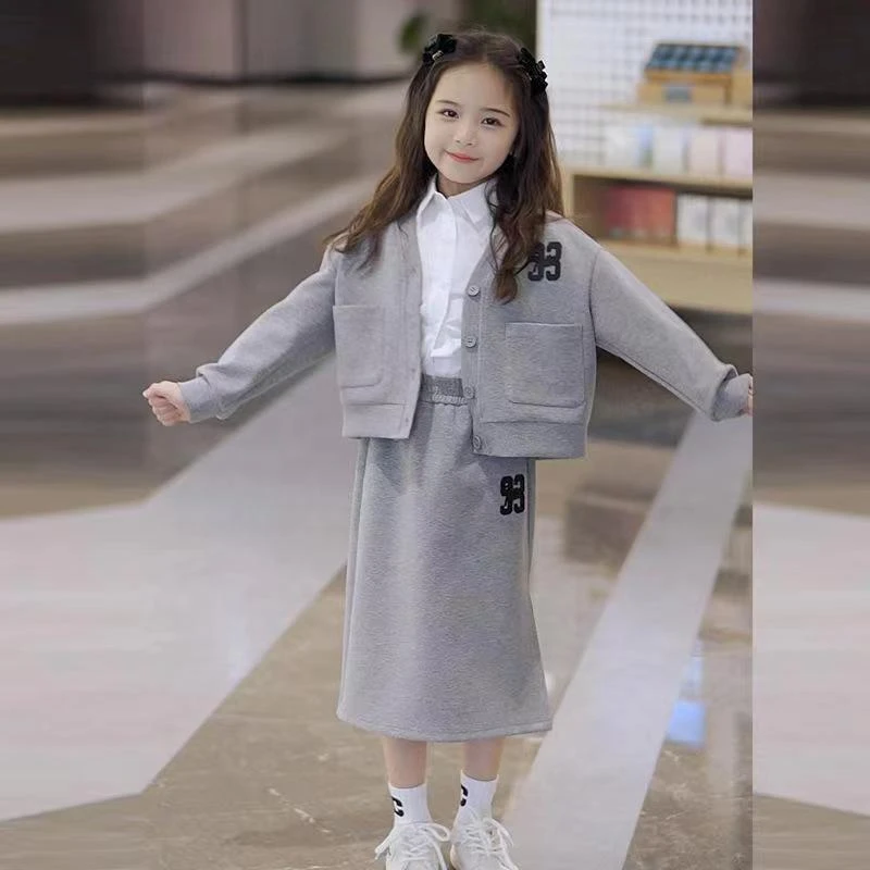 女童秋装外出服套装裙子2024新款洋气时尚休闲外套半身裙三件套