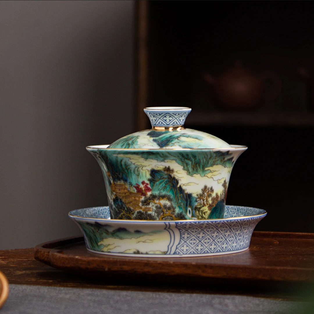 景德镇珐琅彩山水三才盖碗不烫手泡茶碗家用陶瓷功夫茶具
