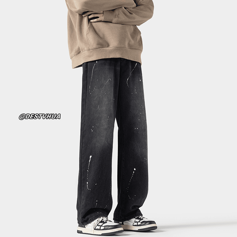 h-75 美式高街hiphop裤子男士秋冬加绒加厚泼墨牛仔裤潮牌设计感阔腿裤