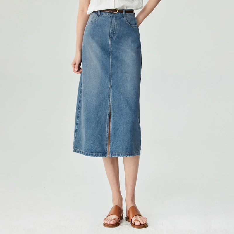 【告白穿搭】茵曼2024春秋新款女半身裙长裙牛仔休闲显瘦纯棉豹纹腰