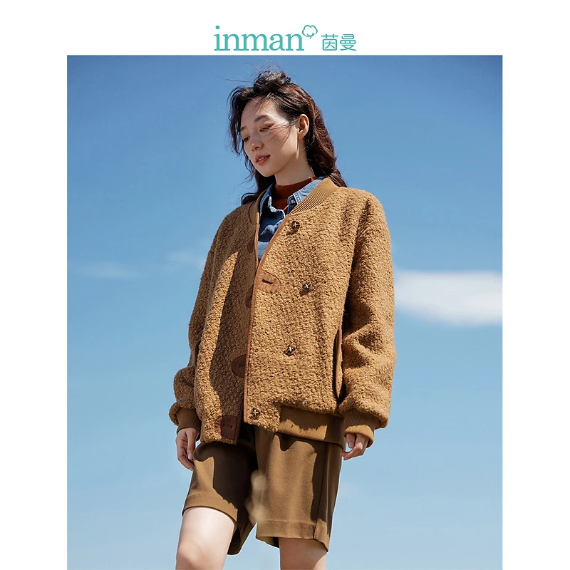 【新年】茵曼羊毛圈圈呢外套冬女新款休闲棒球服领长袖百搭宽松上衣