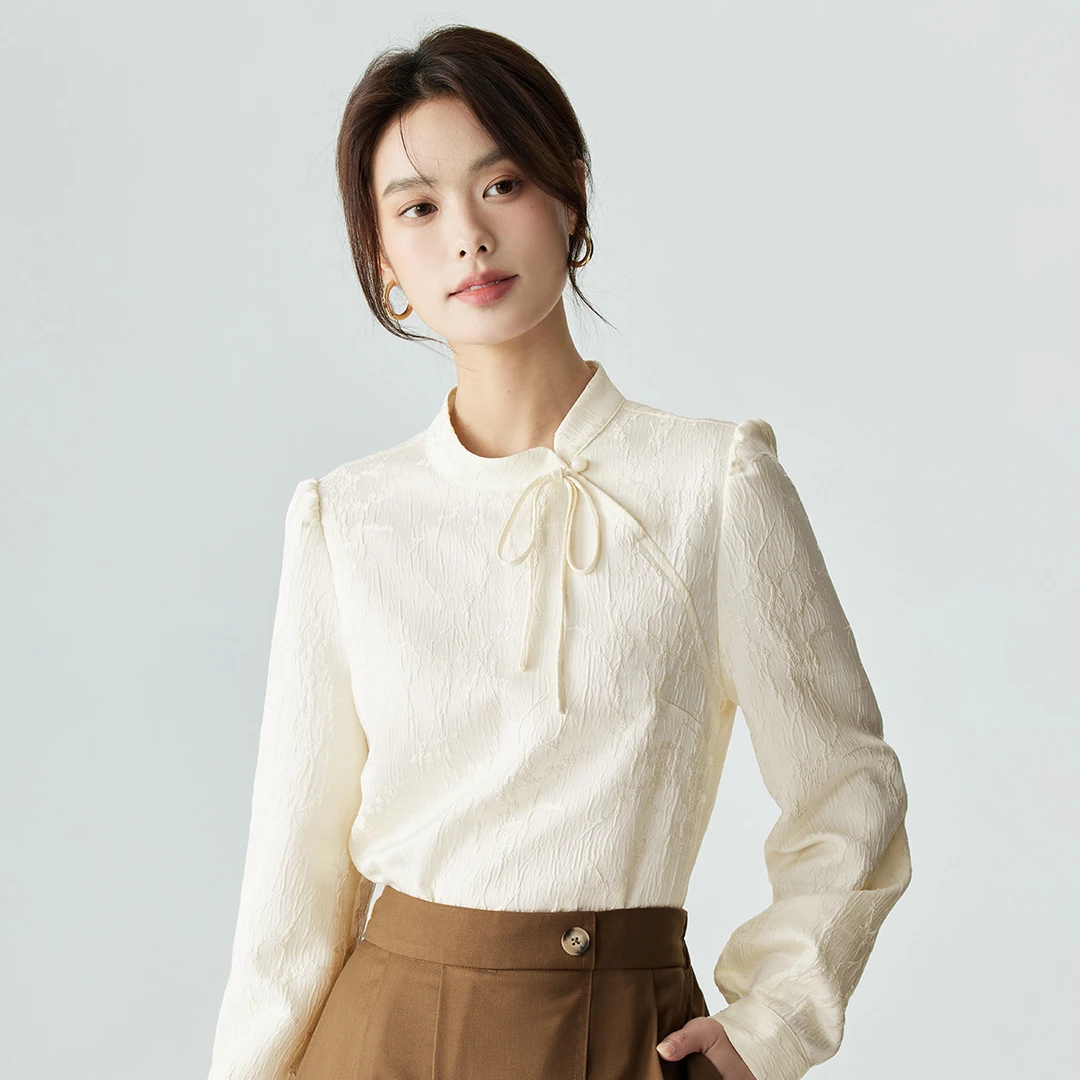 【欧若新中式】茵曼春春季新中式立领盘扣衬衫国风复古百搭提花衬衣