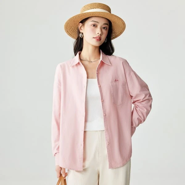 【欧若风新品】茵曼春季纯棉绣花通勤简约休闲时尚百搭纯色长袖衬衫