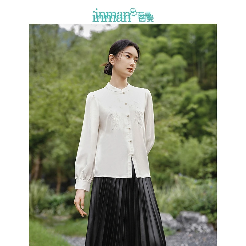 【薄荷曼波】茵曼春秋女衬衫上衣衬衣长袖新款休闲白色圆领国风立领
