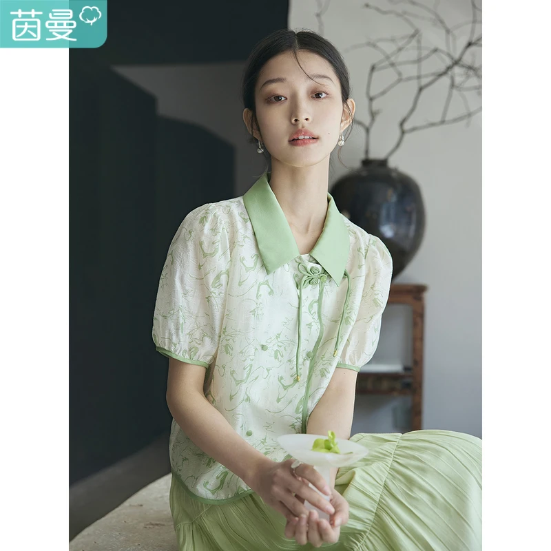 【欧若新中式】茵曼夏季新中式盘扣翻领花纹雪纺衬衫泡泡袖百搭衬衣