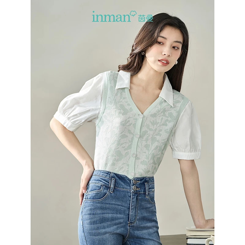 【商场同款】茵曼夏季女毛针织衫上衣新款短袖小衫气质显瘦假翻领