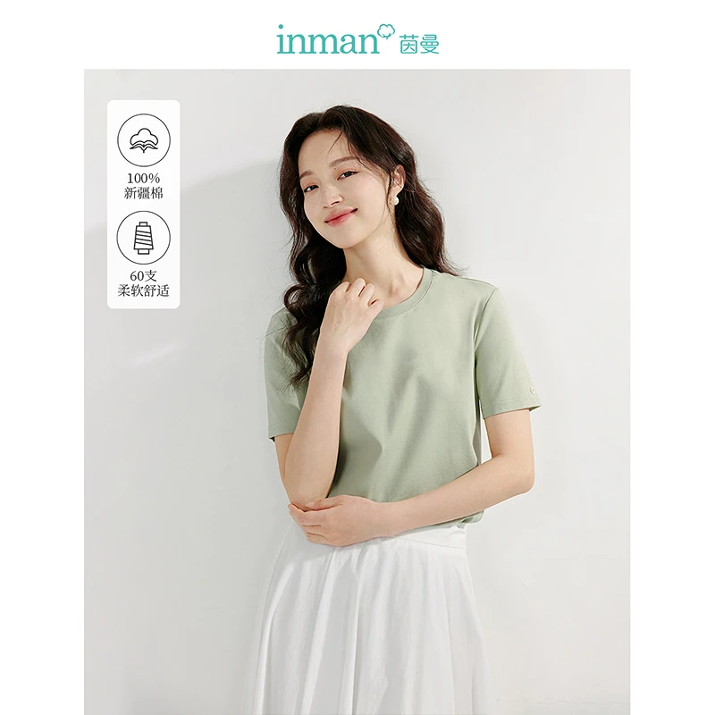 茵曼2024夏季新款女T恤上衣休闲短袖纯棉女装圆领刺绣全棉时尚