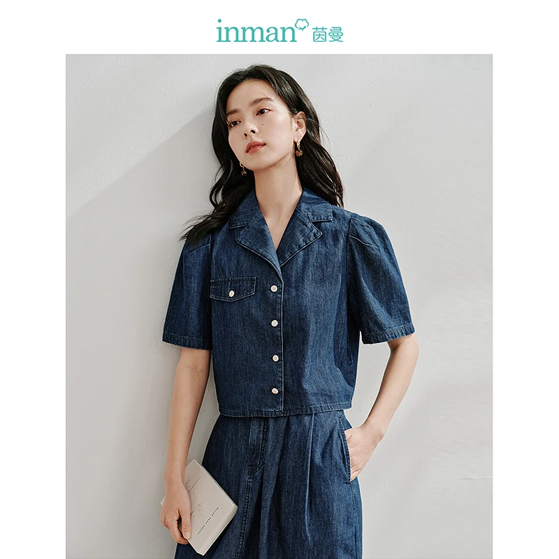 茵曼2024夏季新款女衬衫衬衣上衣牛仔短袖女装气质纯棉短款休闲