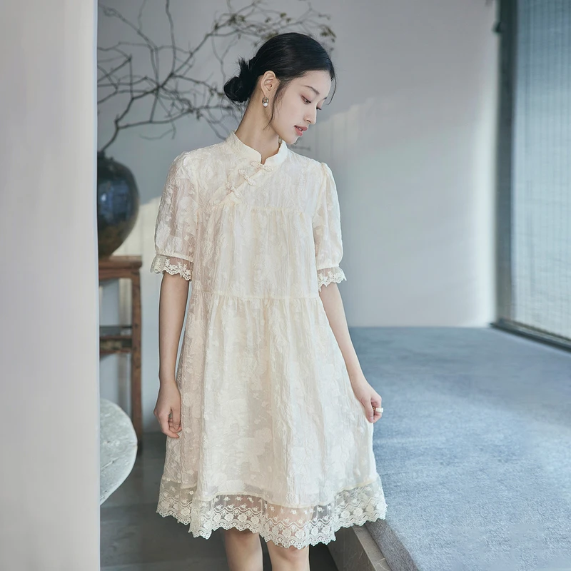 茵曼2023年夏季新款小个子设计感提花中长裙新中式连衣裙18322381