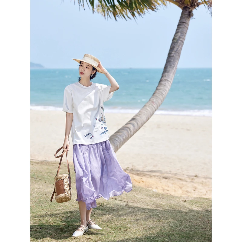 茵曼趣味百搭T恤夏季女装新款修身显瘦圆领短袖绣花上衣
