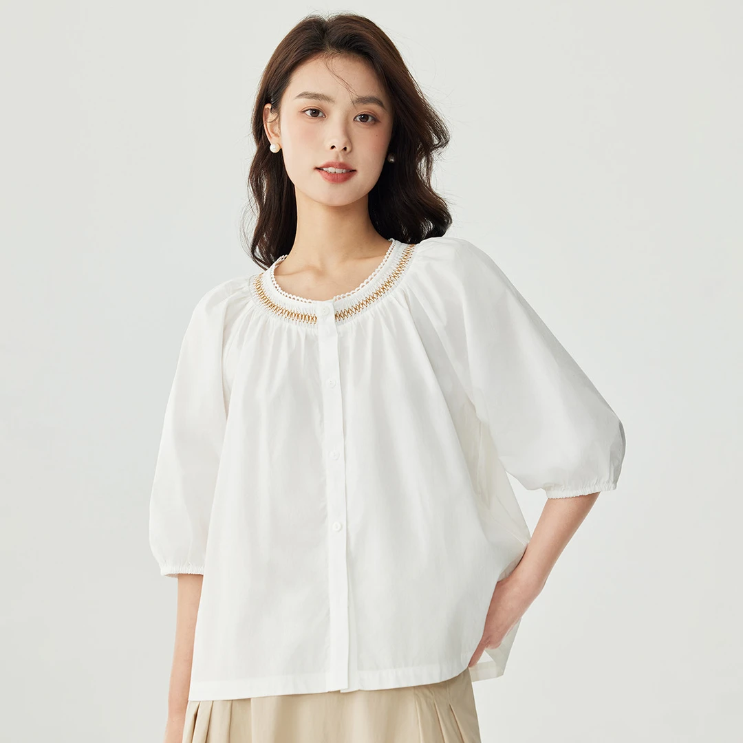 茵曼高能感尤莱特风泡泡袖衬衣女2024夏季气质甜美白色短袖白衬衫