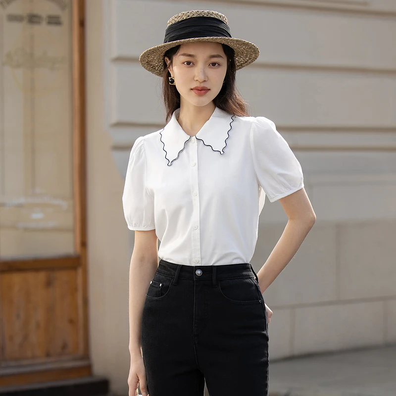 【雅丹风】茵曼夏季翻领花边衬衫宽松泡泡袖气质通勤短袖轻薄衬衣