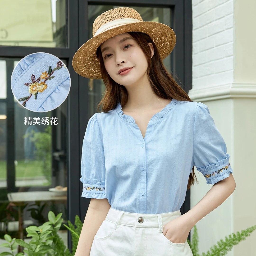 茵曼田园木耳边短袖白衬衫2024夏季新款文艺绣花时尚纯棉显瘦衬衣
