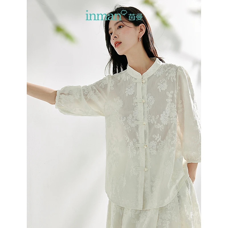 茵曼夏季新款女衬衫衬衣上衣短袖两件套刺绣休闲七分半袖套装