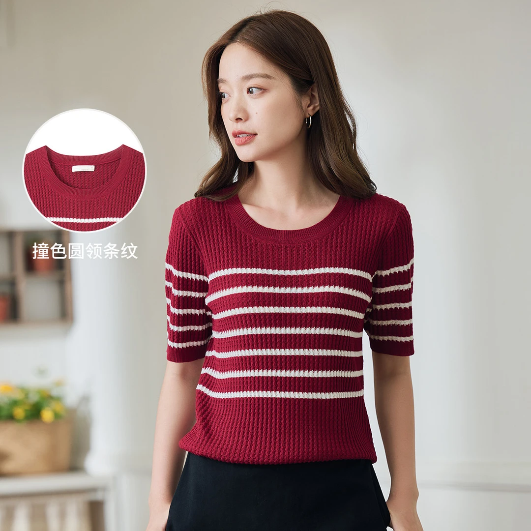 茵曼夏季冰丝清凉撞色条纹薄针织衫复古百搭短袖上衣